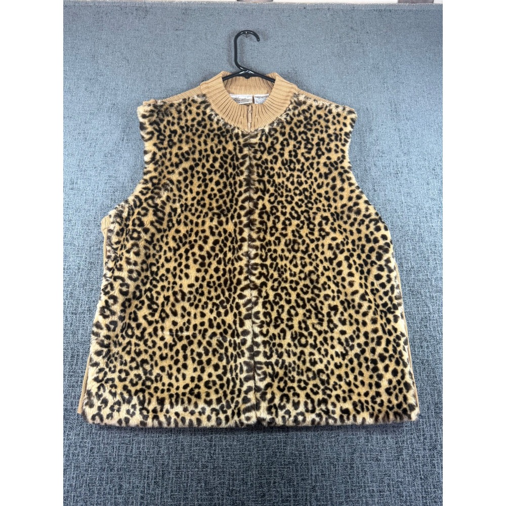 Kathie Lee Collection Leopard Faux Fur Ribbed Knit Zip Up Vest Tan XL